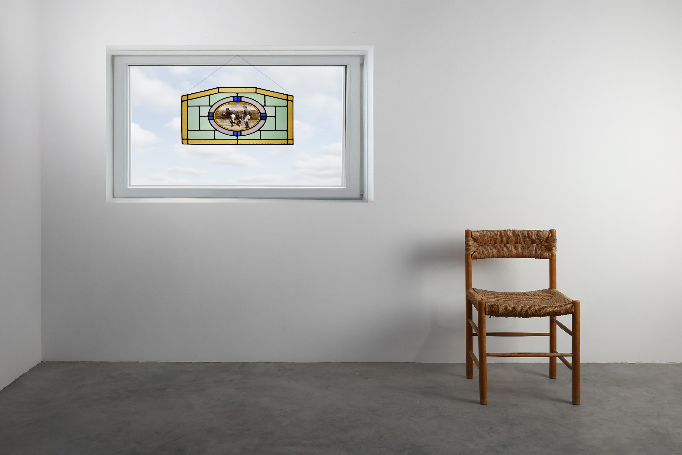 Art Deco Stained Glass Panel Depicting Early Football Scene, Belgium ca. 1910thumbnail